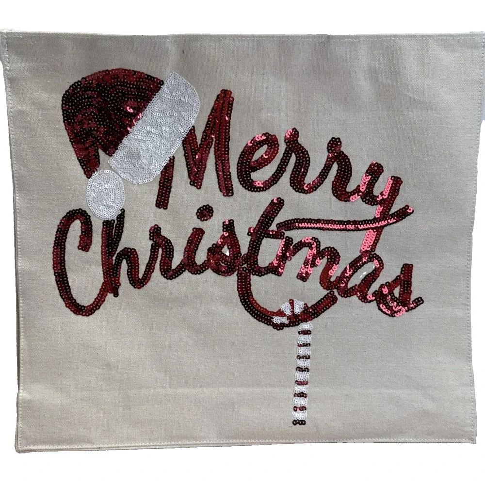 Merry Christmas Canvas Sequined Tote Bag Santa Hat Candy Cane 16